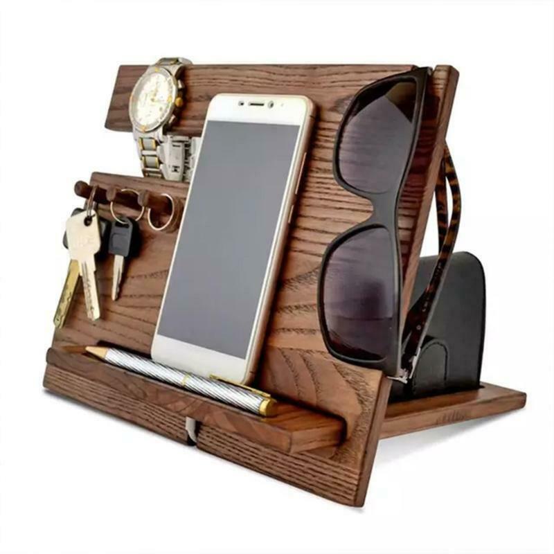 Wooden Cell Phone Stand Wood Mobile Base Charging Watch Organizer Tray for Gifts