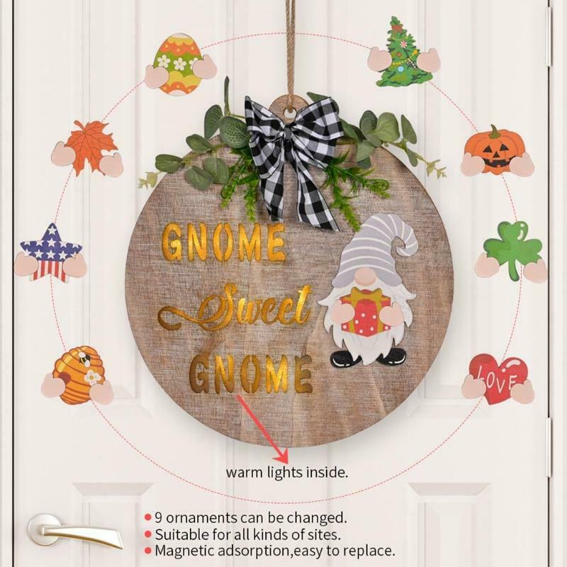 Green Leaf Plaid Bow Glowing Christmas Gnome Front Door Hanger Decor with Parts