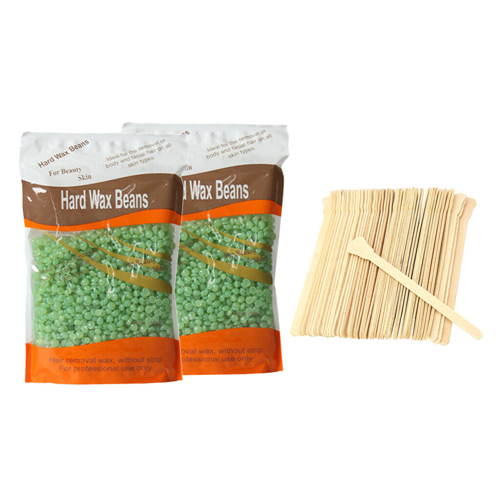 2Pcs Depilatory Hard Wax Beans Painless Hair Removal w/ 50Pcs Spatulas Set