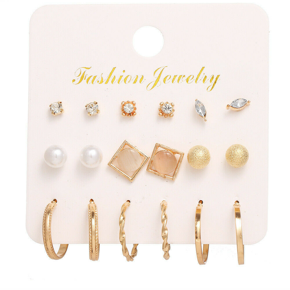 9 Pairs Elegant Women Rhinestone Crystal Zircon Earrings Set Jewelry Ear Stud