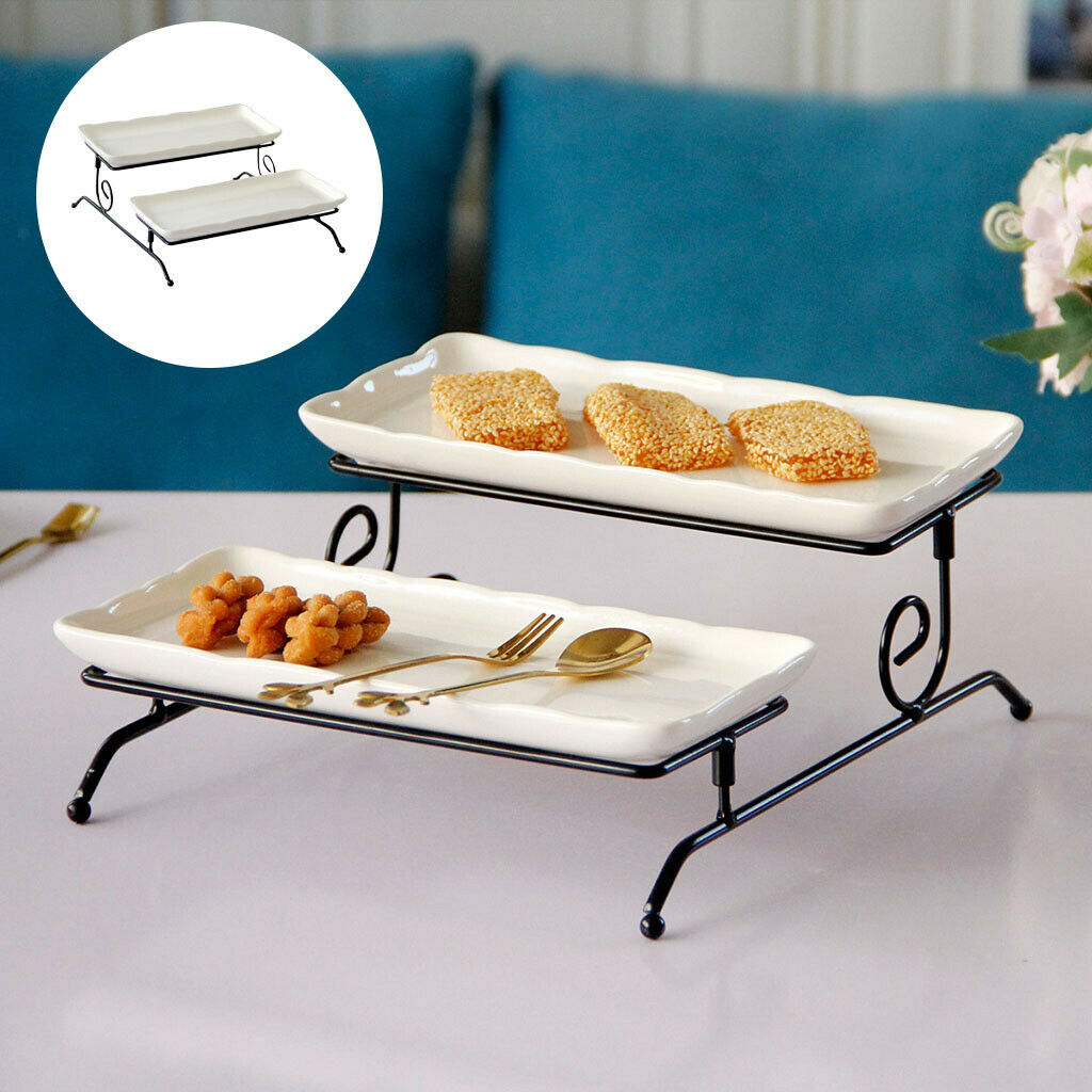 2 Tier Serving Stand Set with 2 Porcelain Serving Platters for Dessert Cake