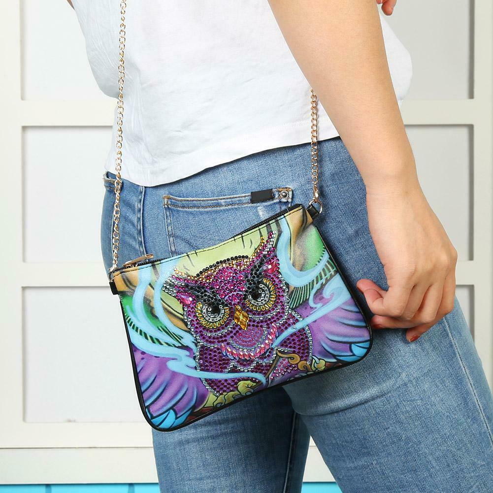 DIY Owl Special Shaped Diamond Painting Leather Crossbody Bags Chain Clutch @