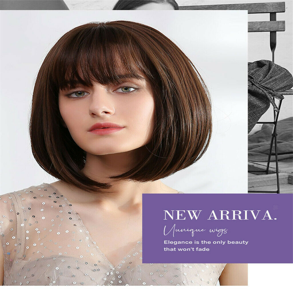12'' Short Bob Wigs Costume Dating Party Full Wig with Neat Bangs Dark Brown