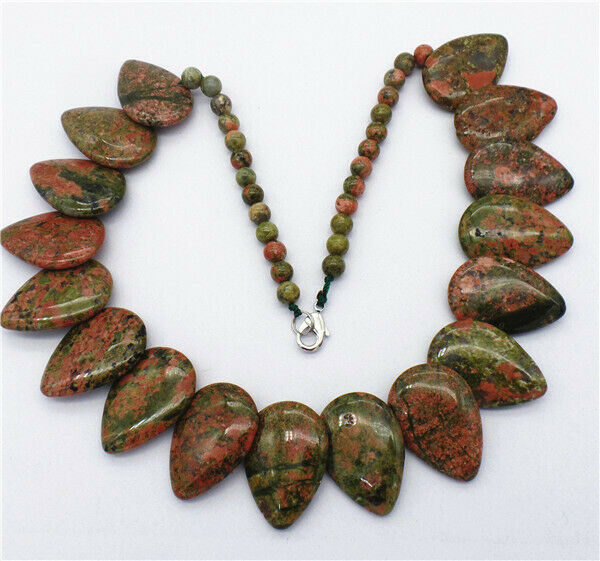 1 Strand Natural Unakite Jasper Overlapping Flat Teardrop Beads Necklace HH7375