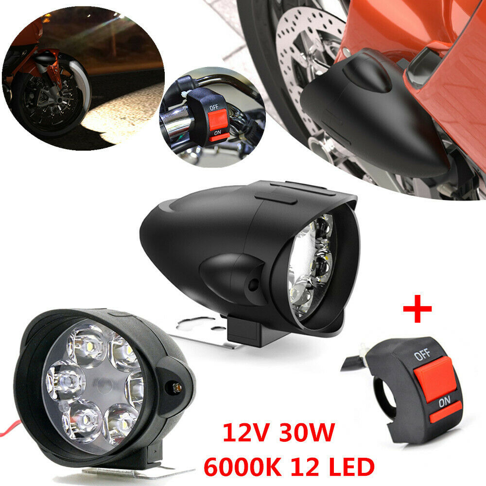 2Pcs 30W 3000LM 6000K 12 LED White Motorcycle Scooter Headlight Fog Light+Switch