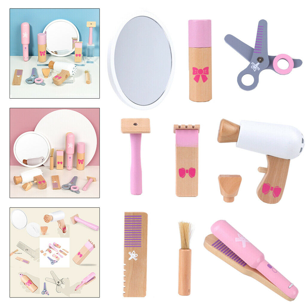 Wooden Pretend Play Toys for Girls Makeup Playset Hair Dryer Comb Brush Kit