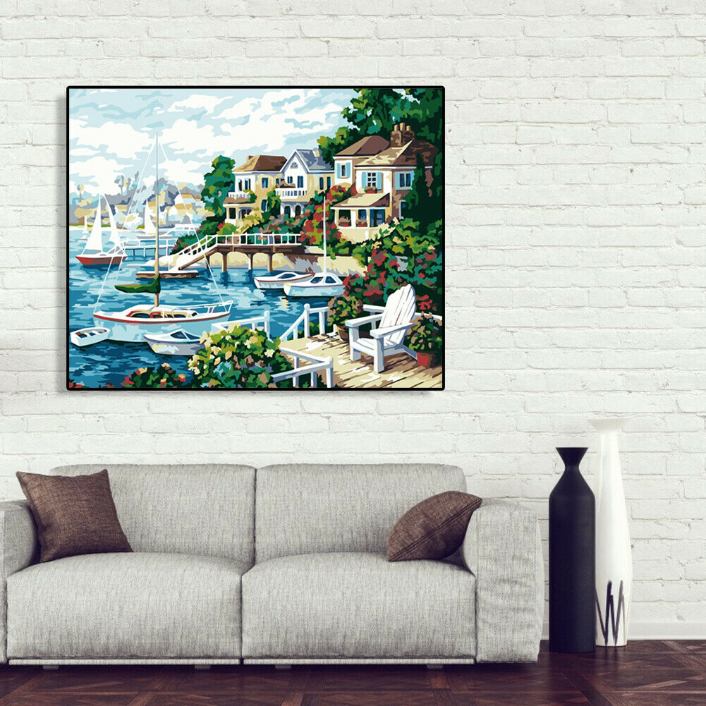 DIY Painting By Number Kit Modern Sea Houses Wall Decor Canvas Coloring Art @