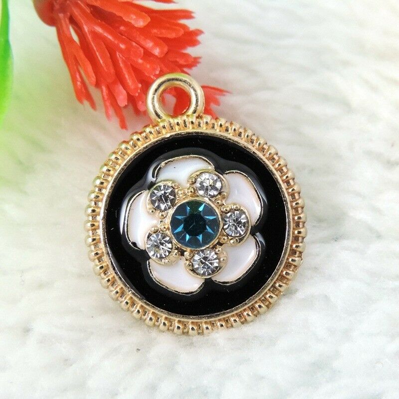 6 PCS Golden Alloy Flower Enamel Charm Rhinestone Round Pendant Jewelry 20*17mm