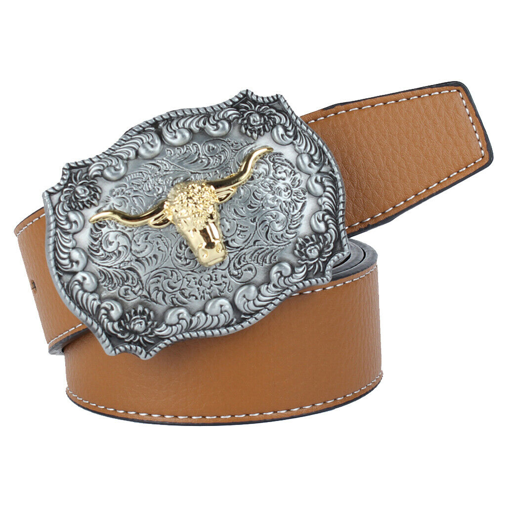 2x Square Longhorn Steer Head Cowboy Leather Belt Jeans Belt 1.5" Wide