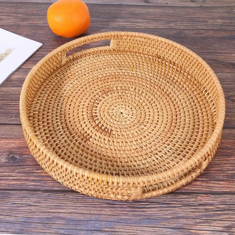 Rattan Handwoven Round High Wall Seve Tray Food Storage Platters Plate over HaE4