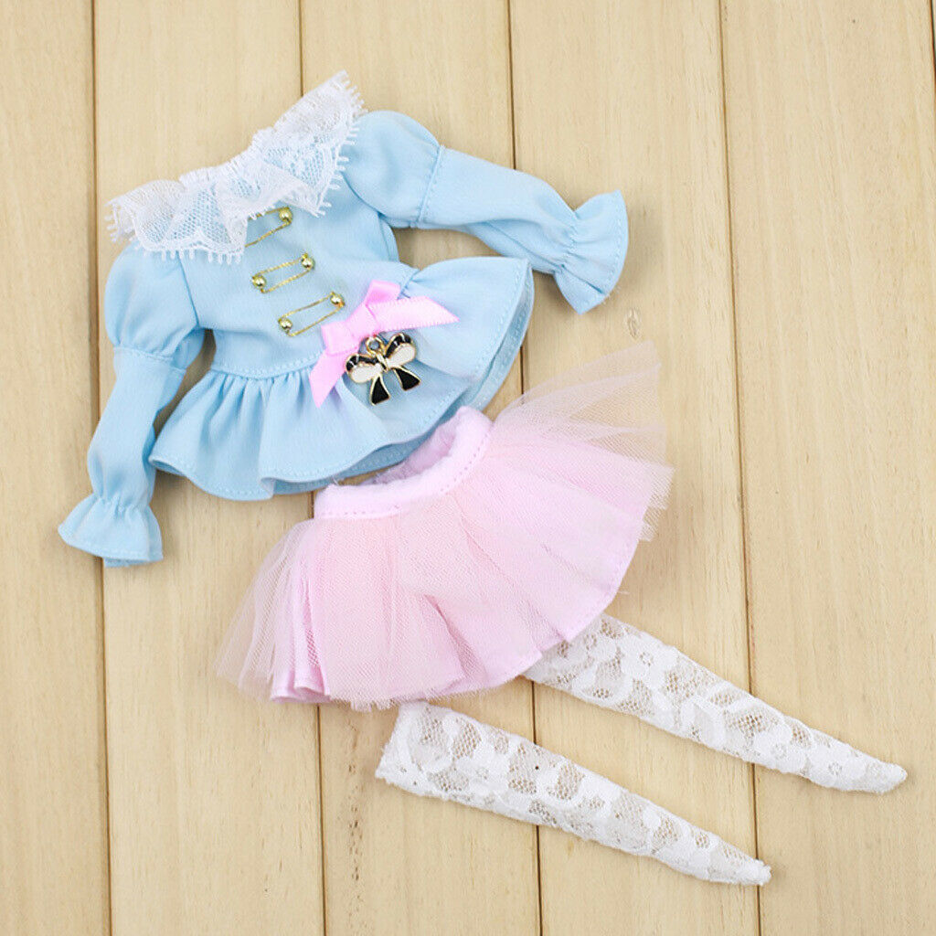 Blue Puff Sleeve Top Clothes Light Pink Skirt Stockings Socks Set for Blythe