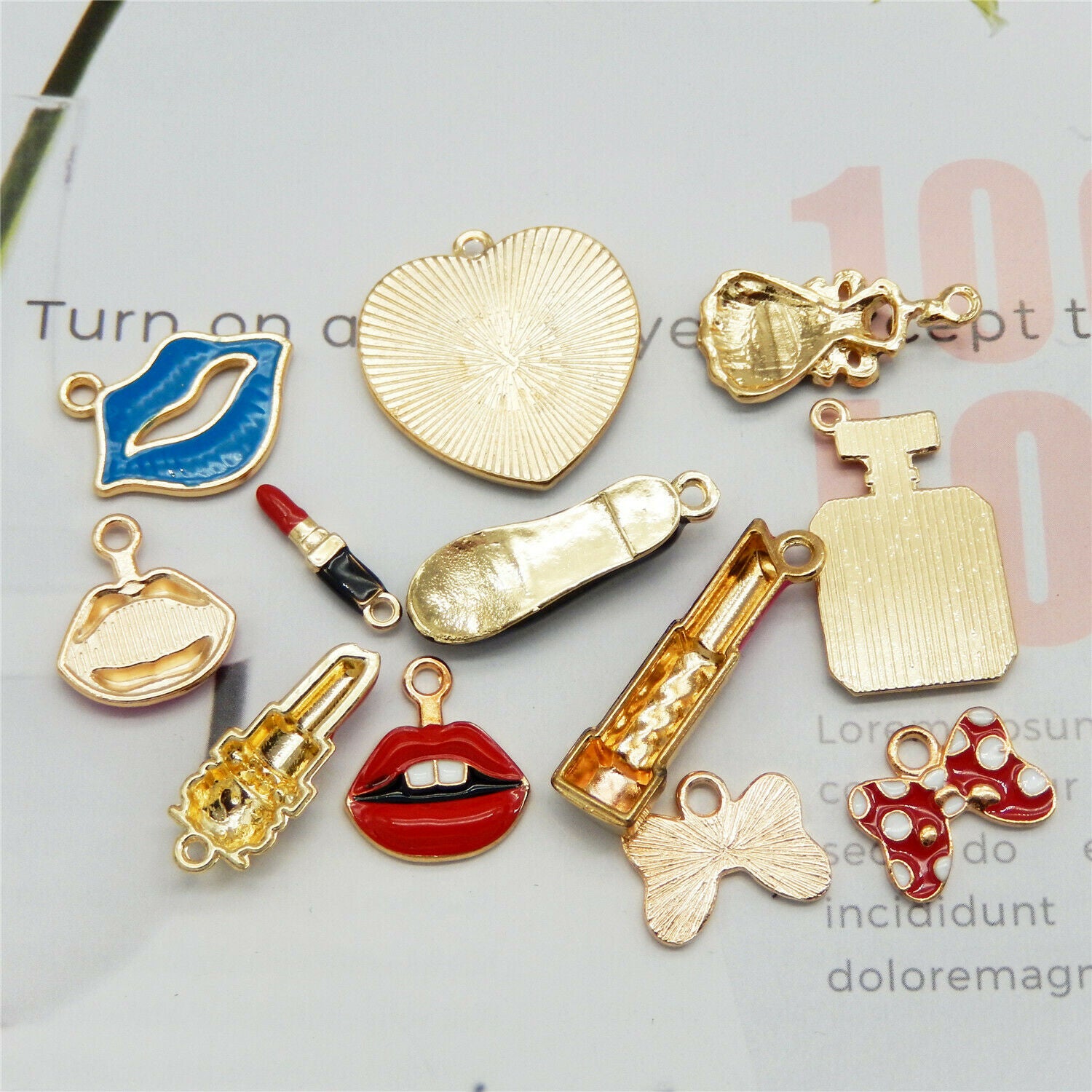 12pcs Alloy Enamel Cosmetic Lipstick Kiss Bag Pendant Charms DIY Accessories