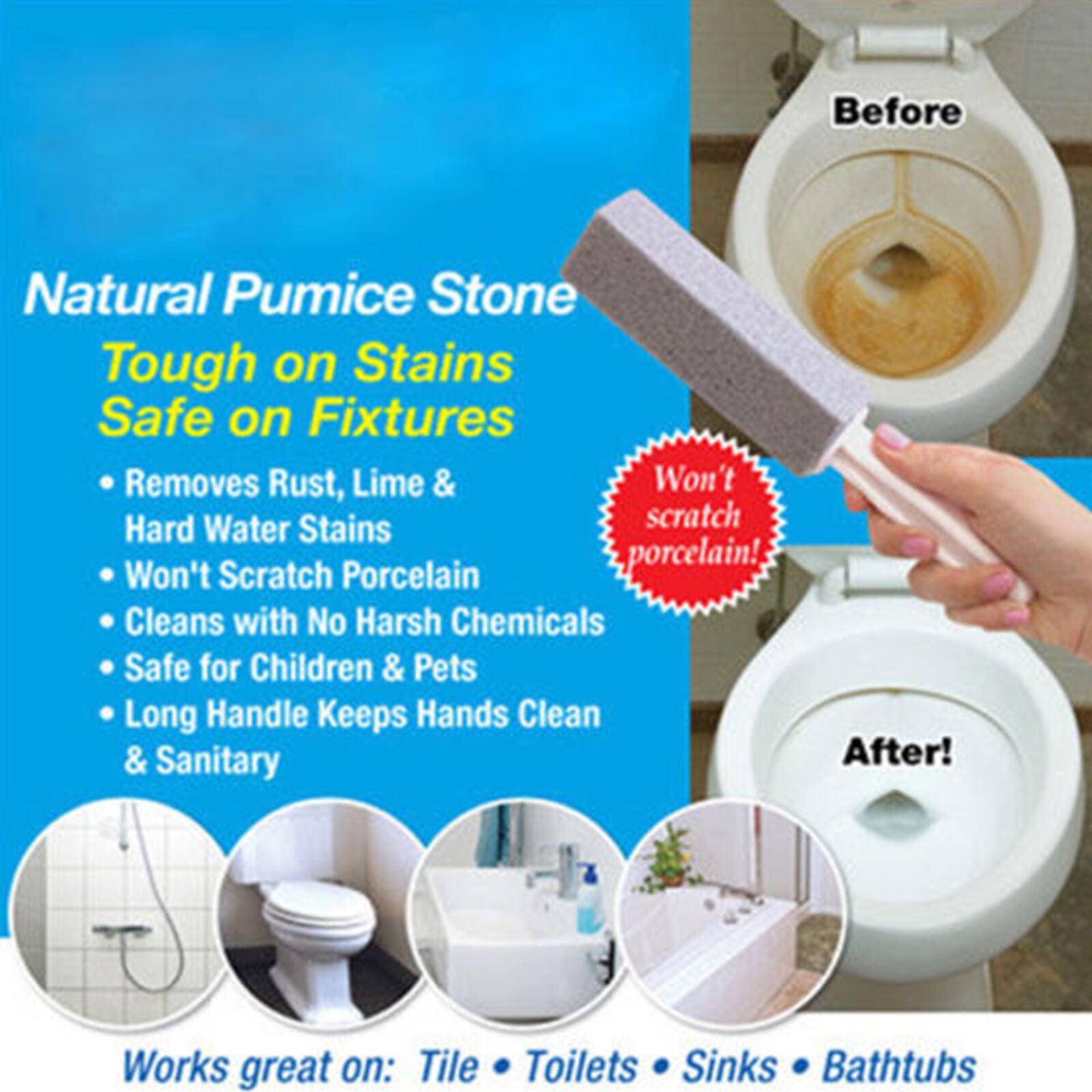 Practical Portable 2PCS Water Toilet Bowl Ring X Pumice Stone Cleaner Wand Brush