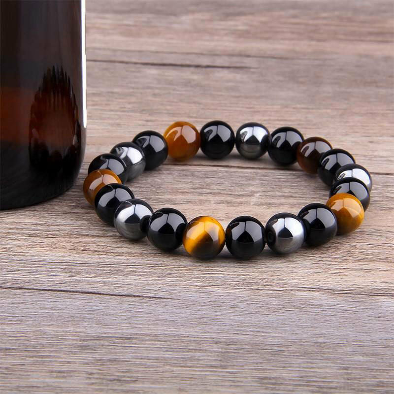 Bracelet " Triple Protection " IN Eye Of Tiger, Hematite And Obsidian Black New