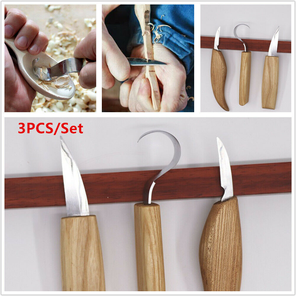 3x Wood Carving Tools Kit Hook Spoon Knives Peeling Whittling Beaver Craft Steel