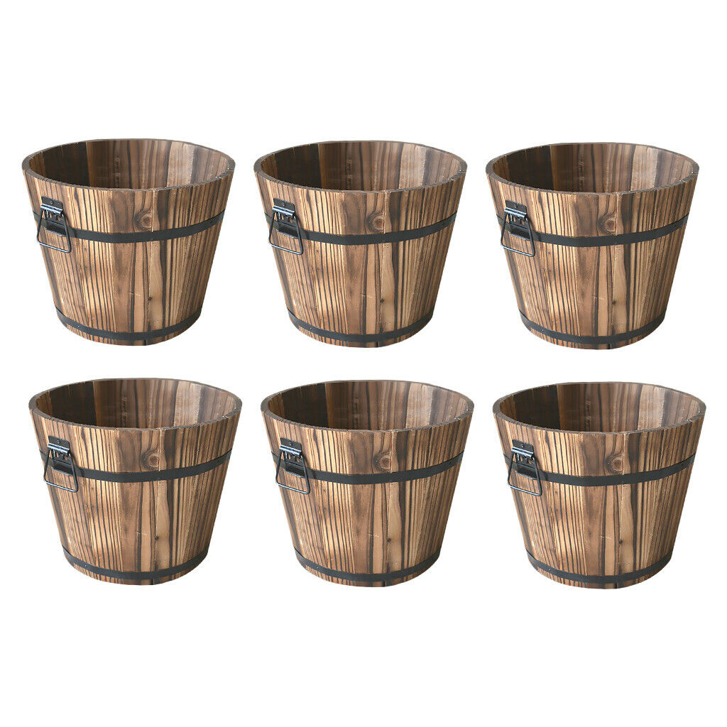 6Pcs Wood Bucket Barrel Succulent Flower Pot Planters Garden Outdoor Brown