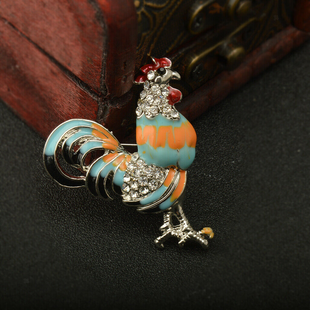 Retro Crystal Rhinestone Cock Rooster Animal Brooch Pins Christmas Blue