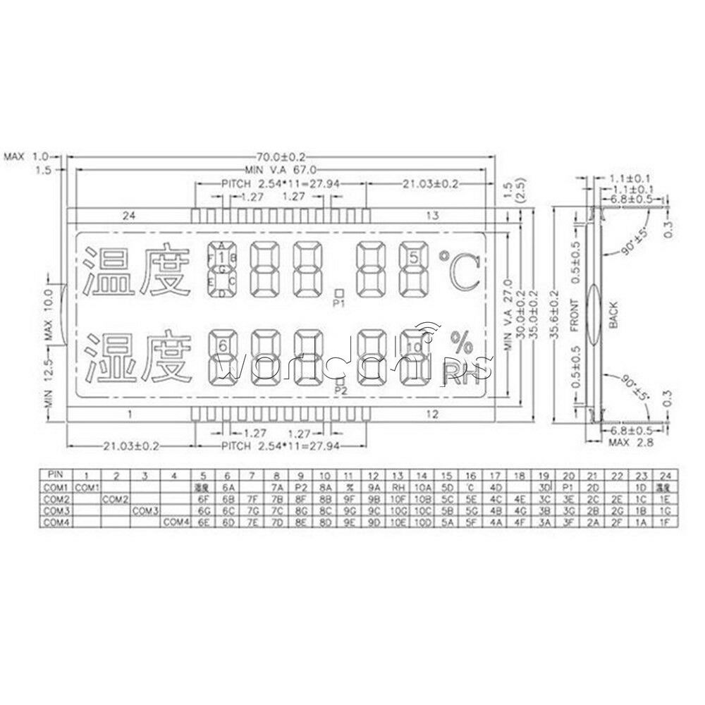 3.3V 1/4 Duty GDC03849 Double Row Segment Temperature Humidity LCD Display