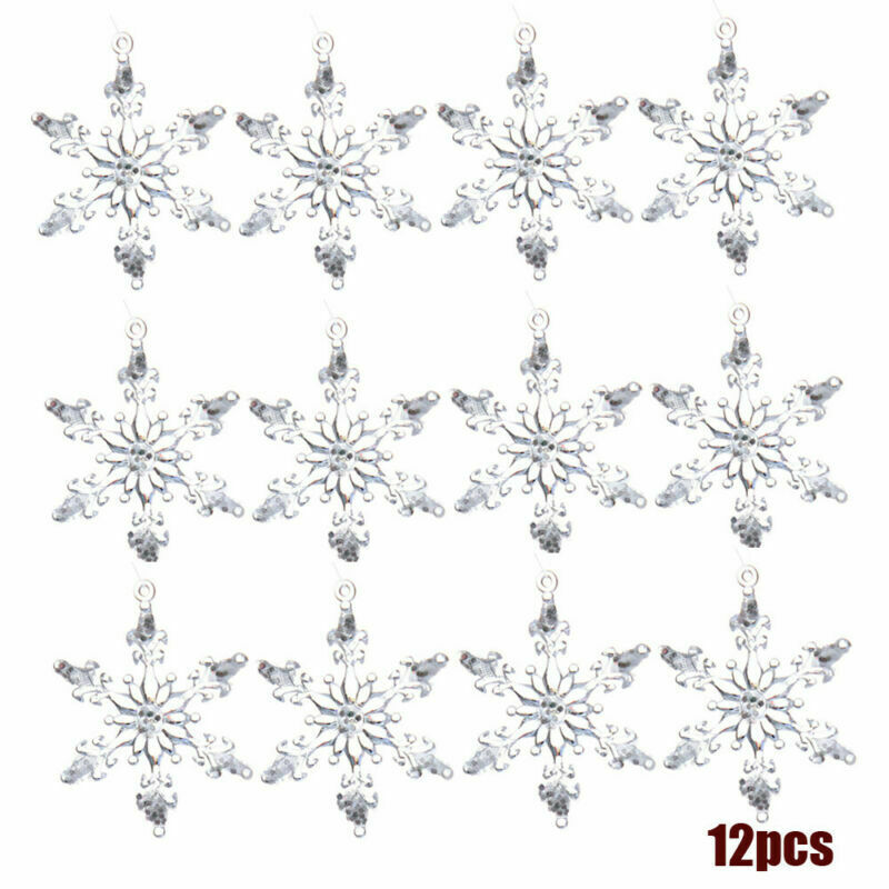 12x Christmas Snowflake Clear Crystal Acrylic Xmas Tree Pendants Decorative