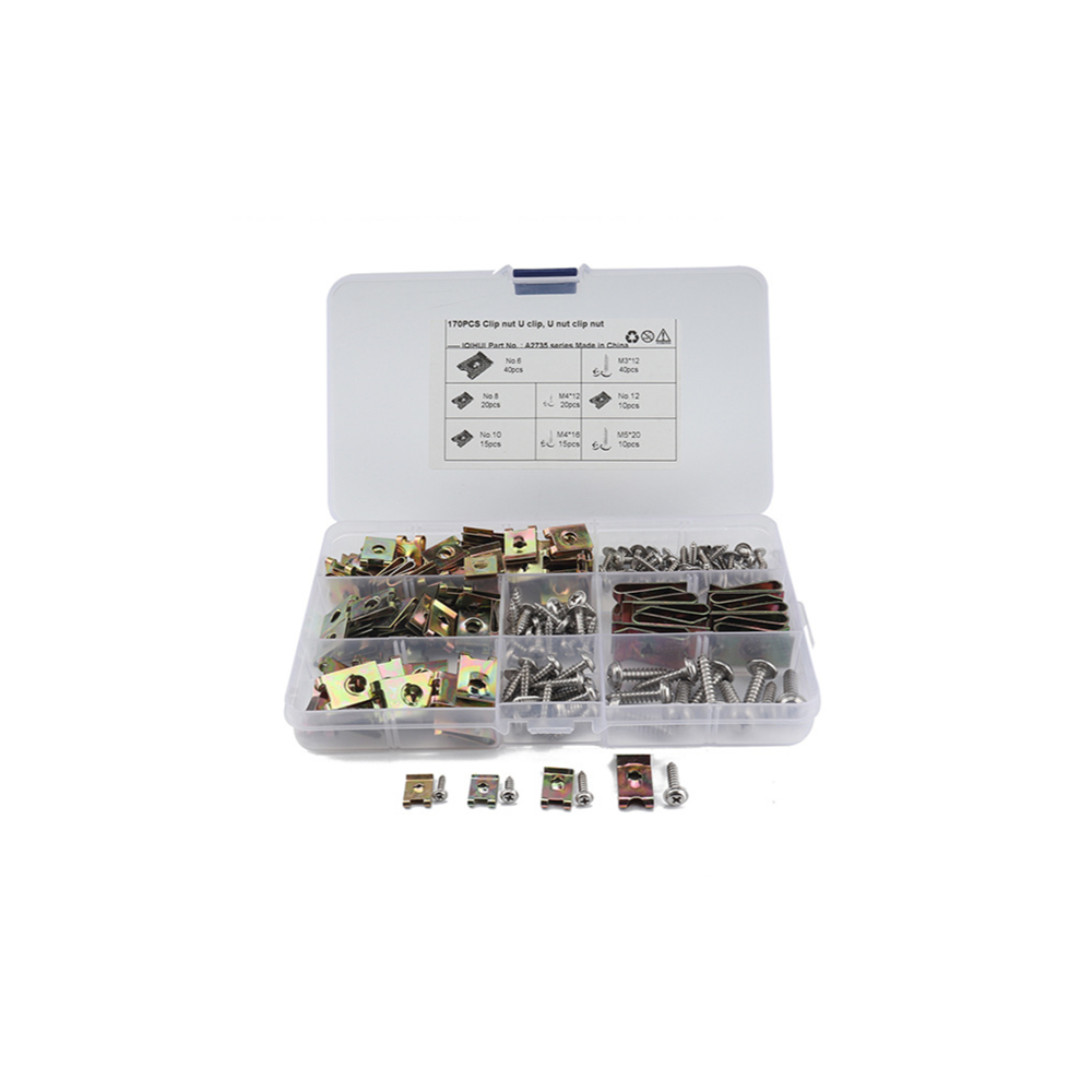 170Pcs Spire Clips U Nuts Fasteners Flange Tapping Screws Parts Assortment Kits