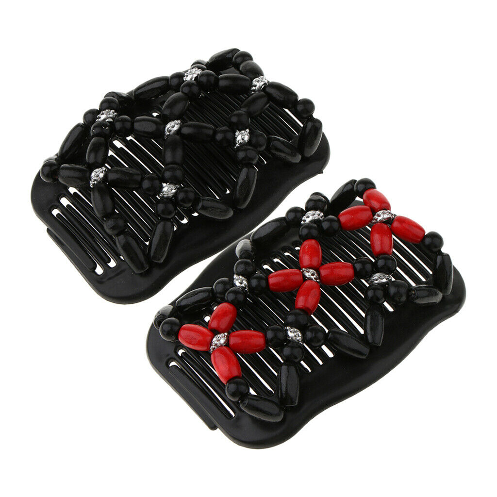 Pack of 2 Retro Double Hair Combs Clips Stretchy Wood Beads Easy Bun Maker