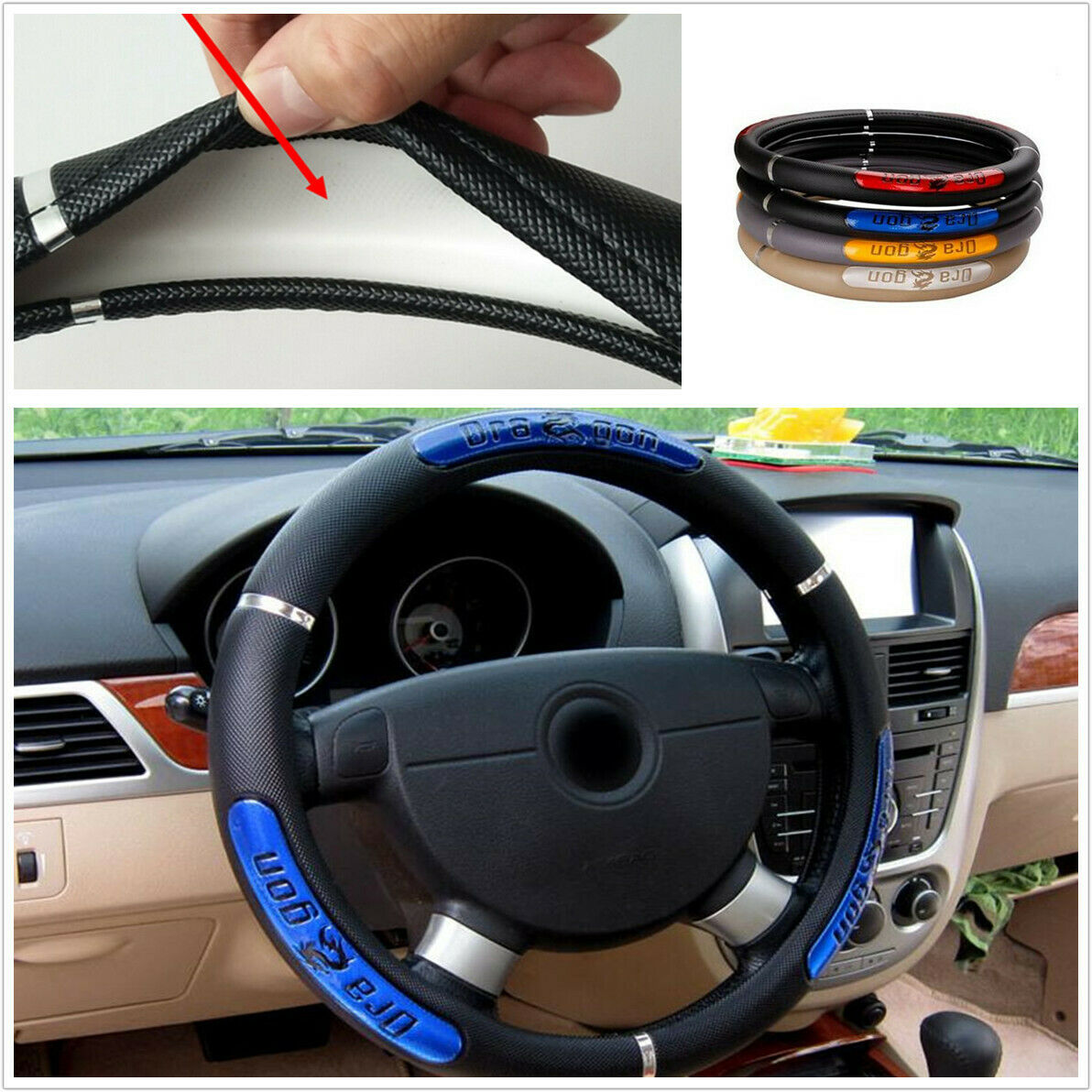 Universal 38cm Car Steering Wheel Cover Blue & Black PU Dragon Look Anti-Slip