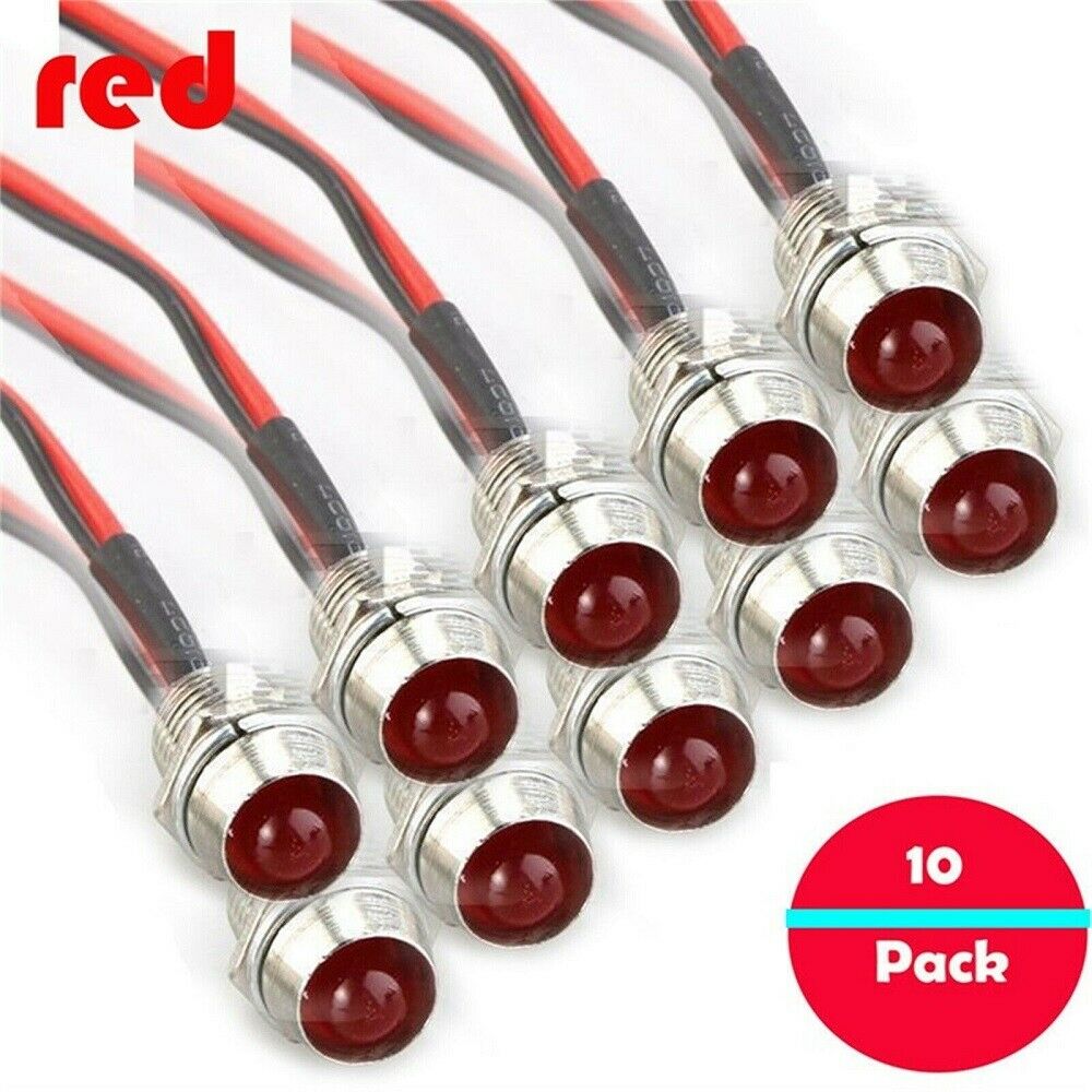 10X Red LED Indicator Lamp Waterproof 8mm 12V Signal Warning Light Car Boat USA