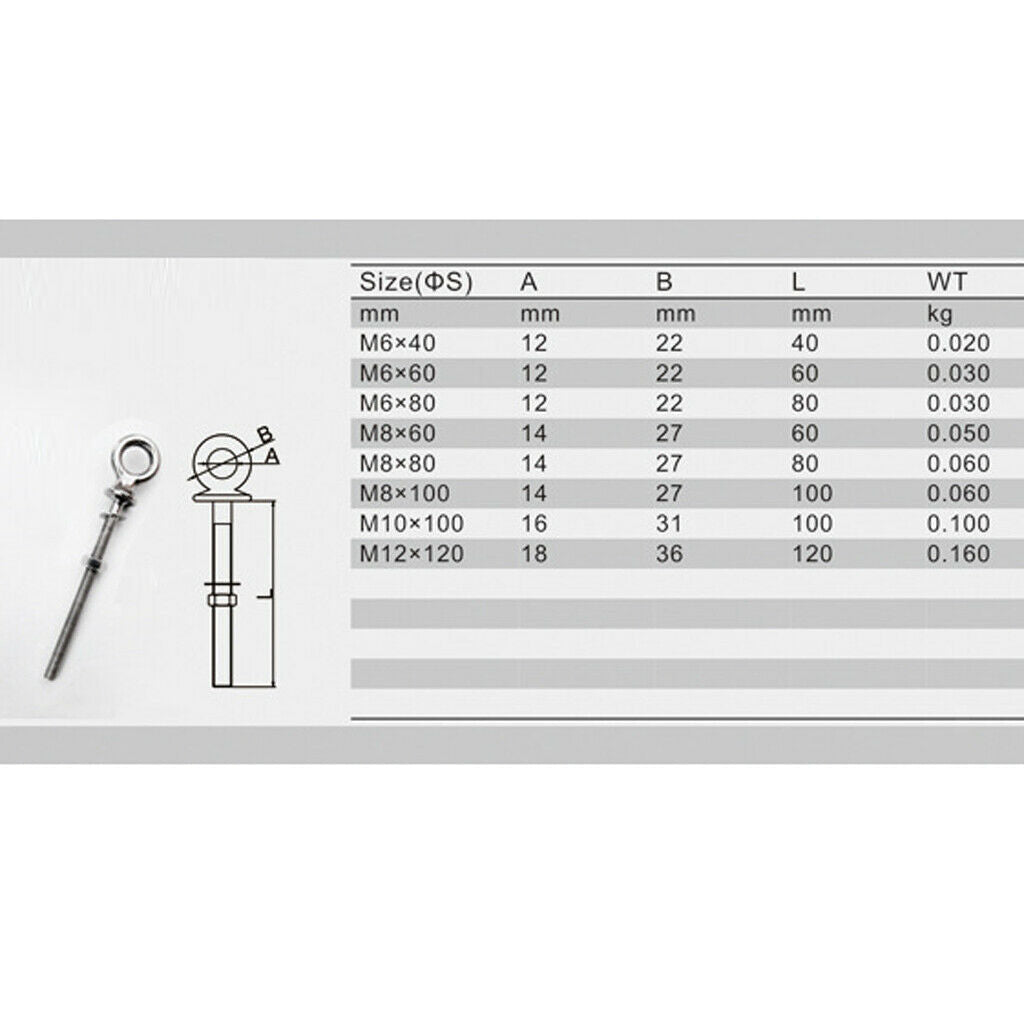 2Pcs M8 80mm Eye Bolt Kit Stainless Steel with Nut and Washer