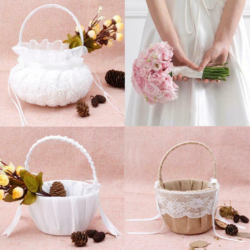 Romantic Bowknot Burlap Satin Wedding Ceremony Party Rose Flower Girl Basket