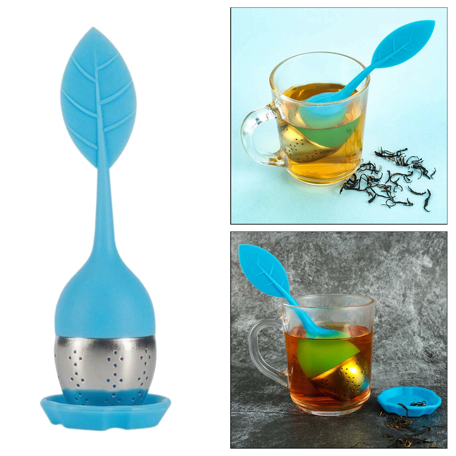 Tea Strainer with Drip Tray Loose Tea Steeper for Loose Leaf Tea Blue