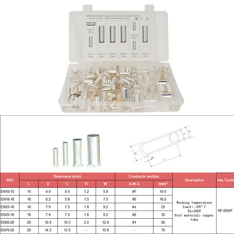 190Pcs Car Cable Housing Wire Pin Cord Tube-shaped Bare End Terminal Connectors