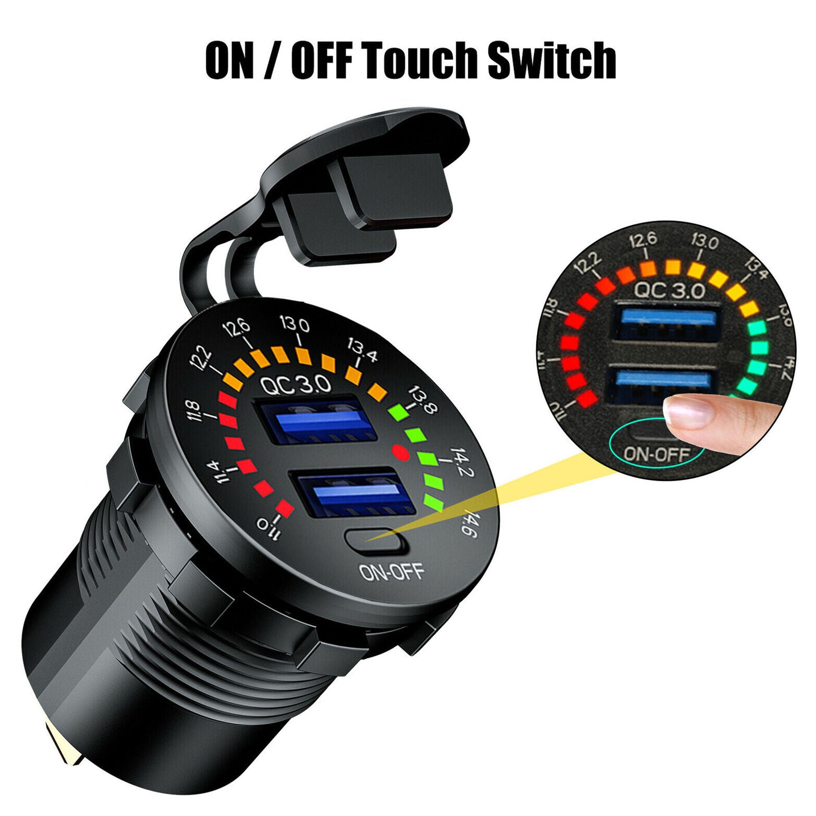QC3.0 Dual USB Charger Socket w/ Voltmeter & Wire Waterproof for Car Marine Boat