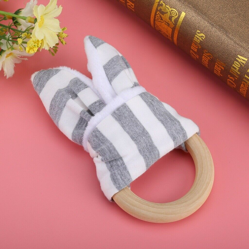 Safety 6 Months Baby Wooden Rabbit Bunny Ear Teething Ring Chew Teether