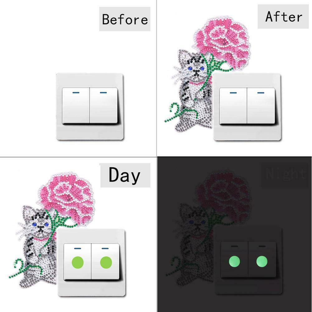 DIY Cat Diamond Painting Luminous Switch Stickers Bedroom Wall Decals Decor  @