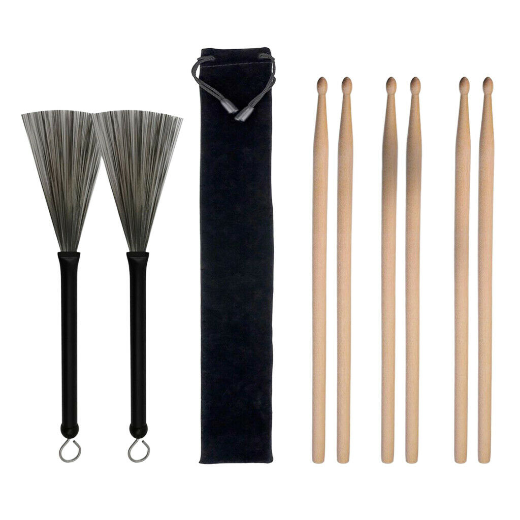 Drum Sticks 5A & 1 Pair Retractable Drum Wire Brushes w/ a Storage Bag