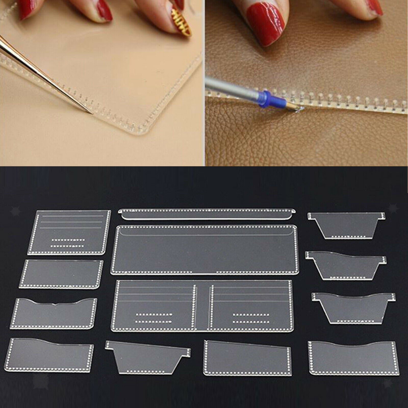 13Pcs Acrylic Short Wallet Card Holder Leather Craft Pattern Stencil Template