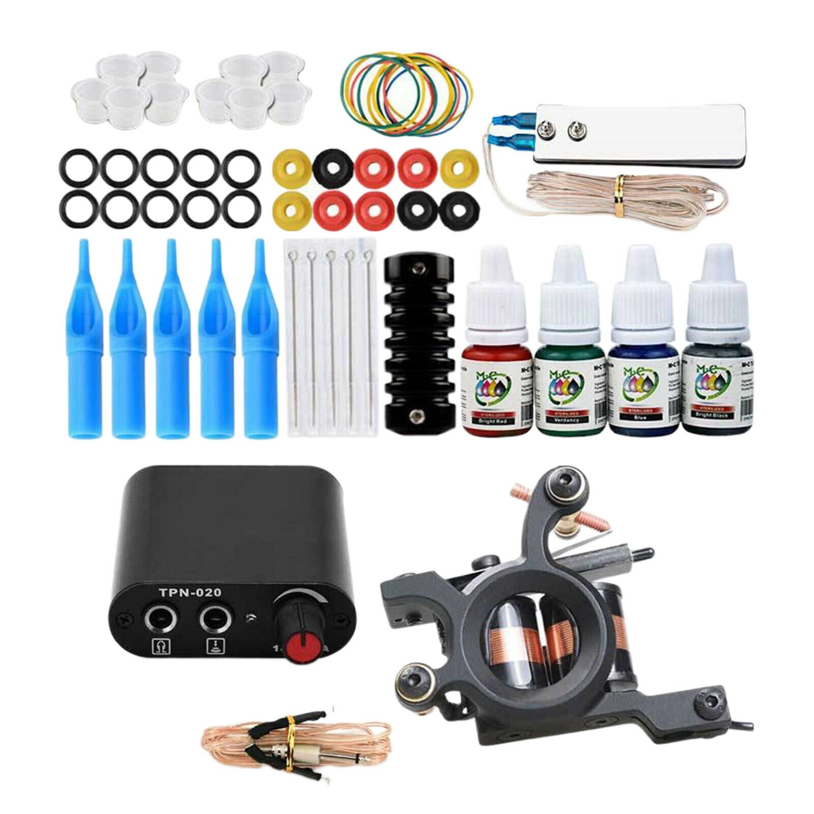 Complete Tattoo Kit 10 Color Inks Power Supply Foot Pedal Tips Grips UK Plug