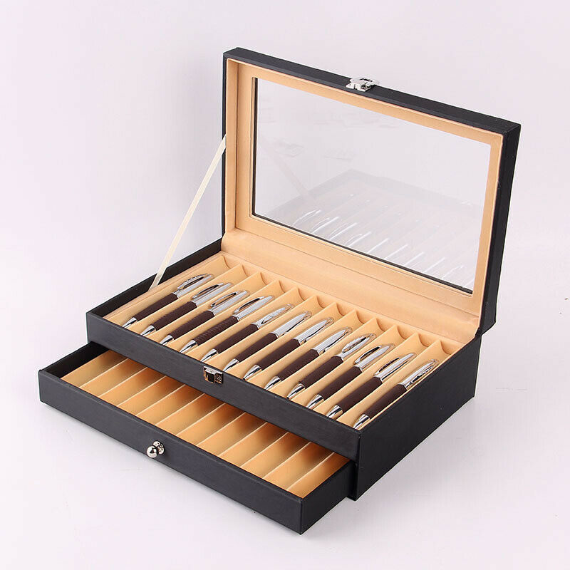 24 Slots 2 Layer Wood Leather Fountain Pen Display Case Storage Box Black