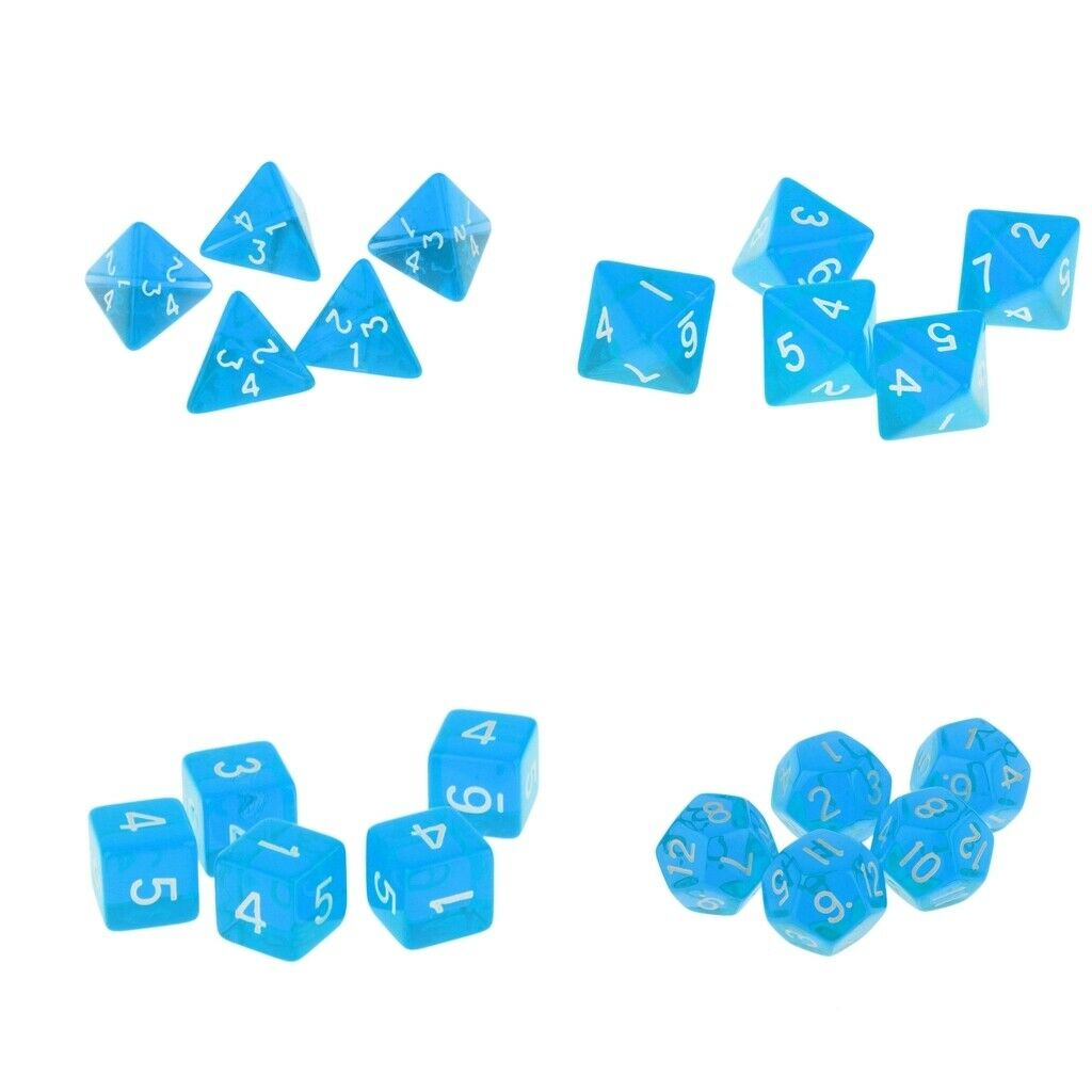 20x Blue Acrylic Polyhedral Dices D4 D6 D8 D12 Die for Roleplaying Supplies