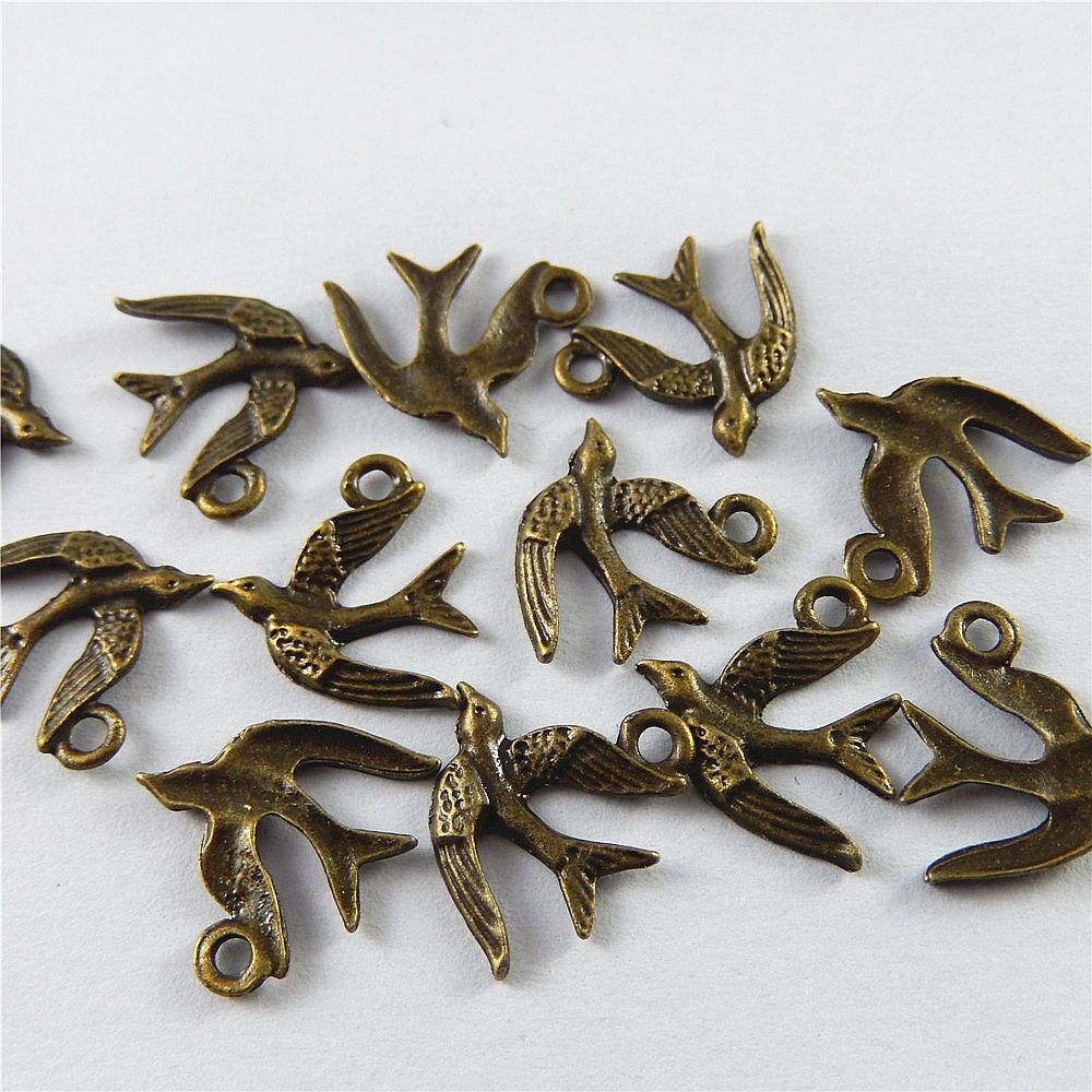 100 pcs Antiqued Alloy Cute Bird Charms Bronze Color Pendant Findings 16x14mm