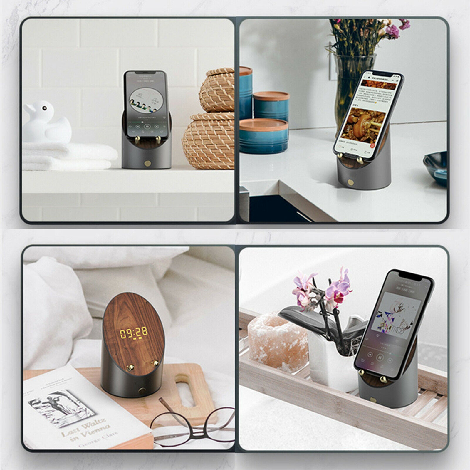 Wireless Speakers Cell Phone Stand Portable Clock Function Wood Screen