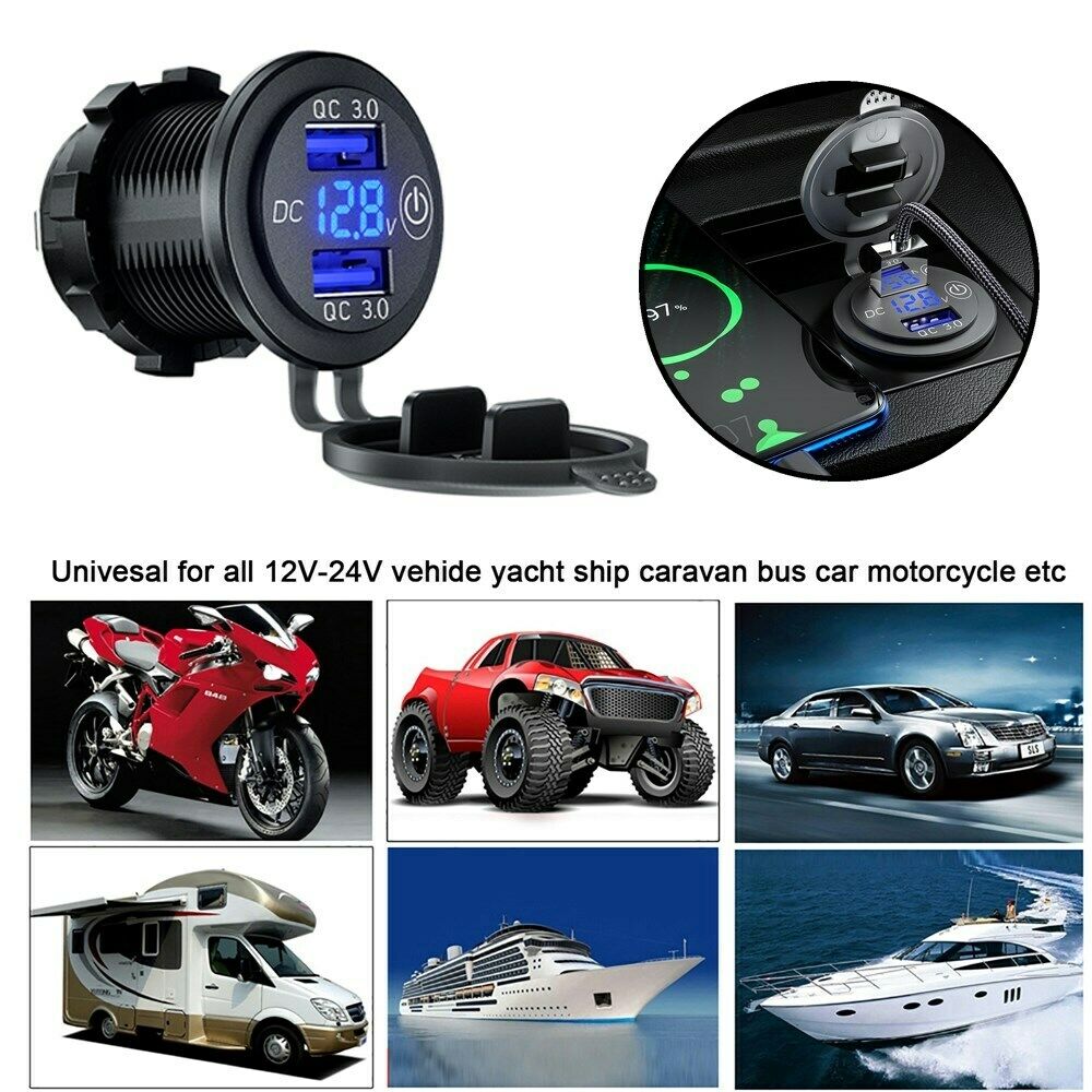Adapter QC3.0 12V Car Boat Charger Socket Voltmeter With Switch L4-A Blue Light