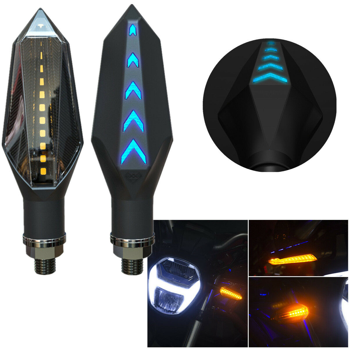 1 Pair 12V Motorcycle 2 IN 1 Flowing Turn Signal Light Blue LED Guiding Backlit
