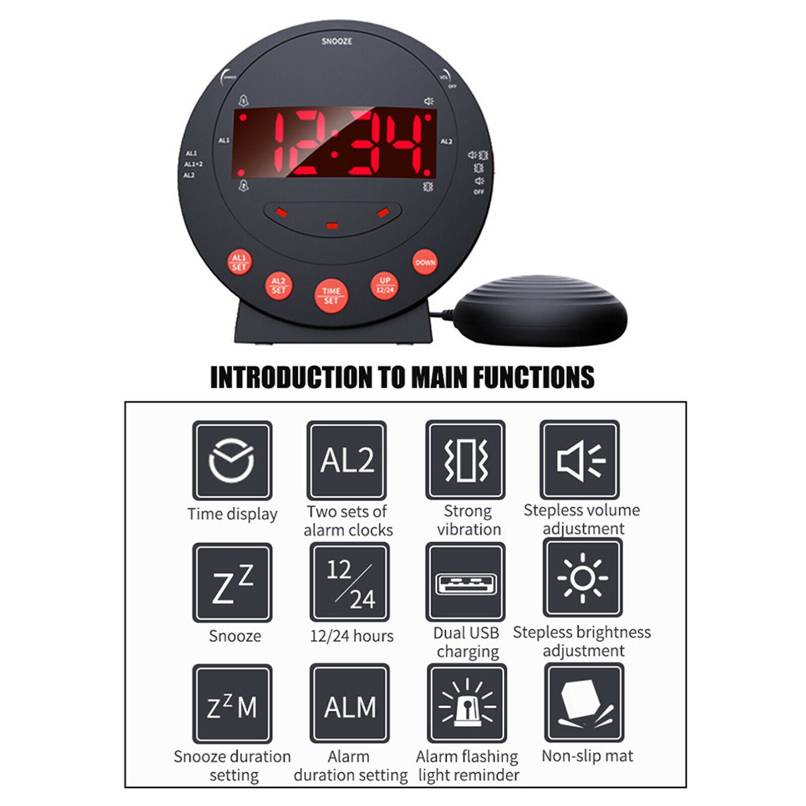 Loud Digital Alarm Clock w/ Super Bed Shaker Vibrating for Heavy Sleepers Deaf @