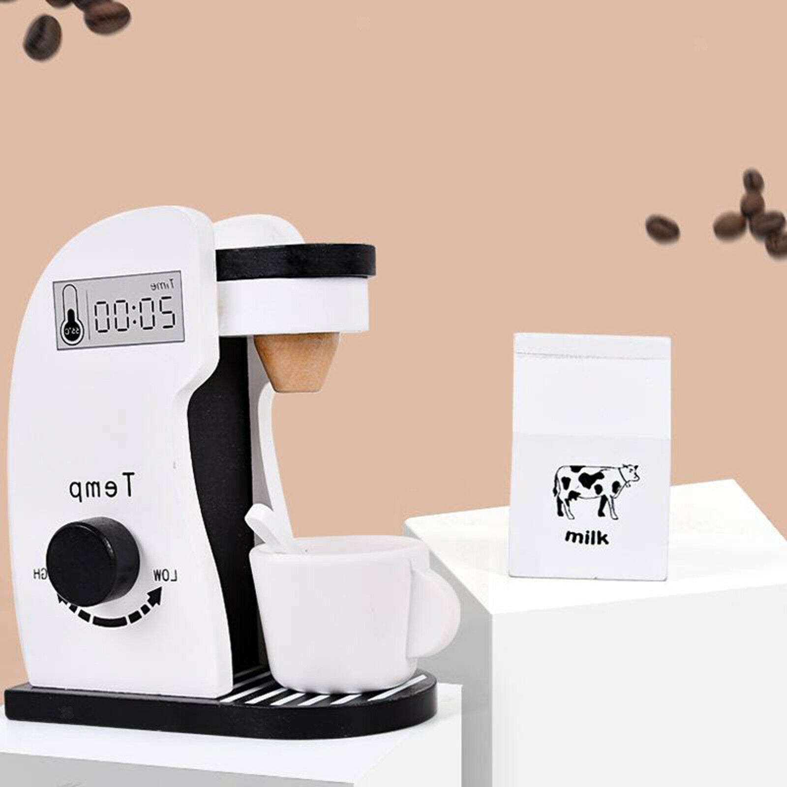 Small Food Wooden Toys Coffee Machine, Cups Milk Bottle Complete Playset for