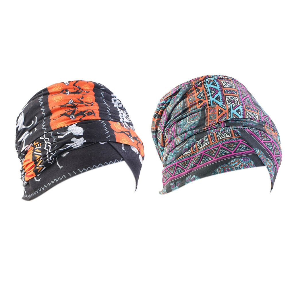 2pcs Women's Chemo Turban Beanie Bow Cotton Stretch Hats Printed Headband