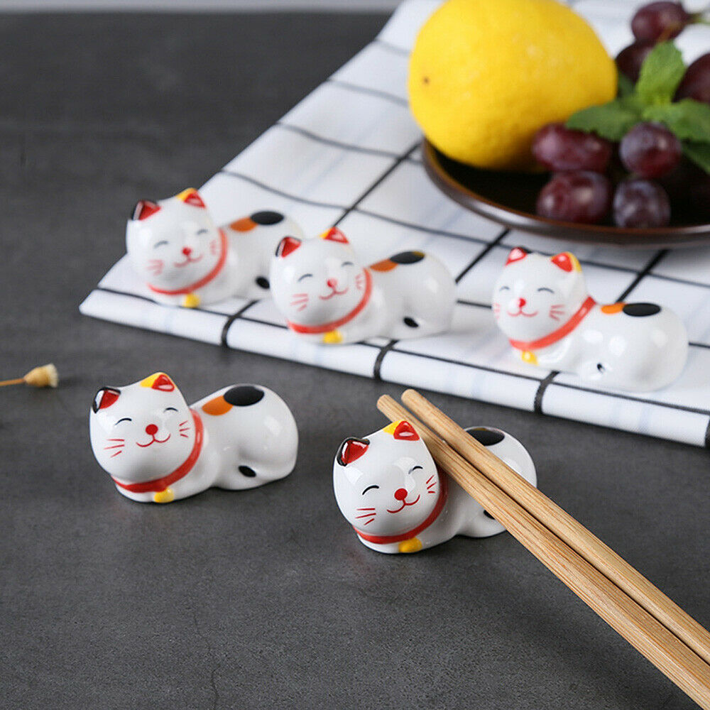 2Pcs Japanese Lucky Cat Chopsticks Holder Porcelain Stand Rest Tableware Decor