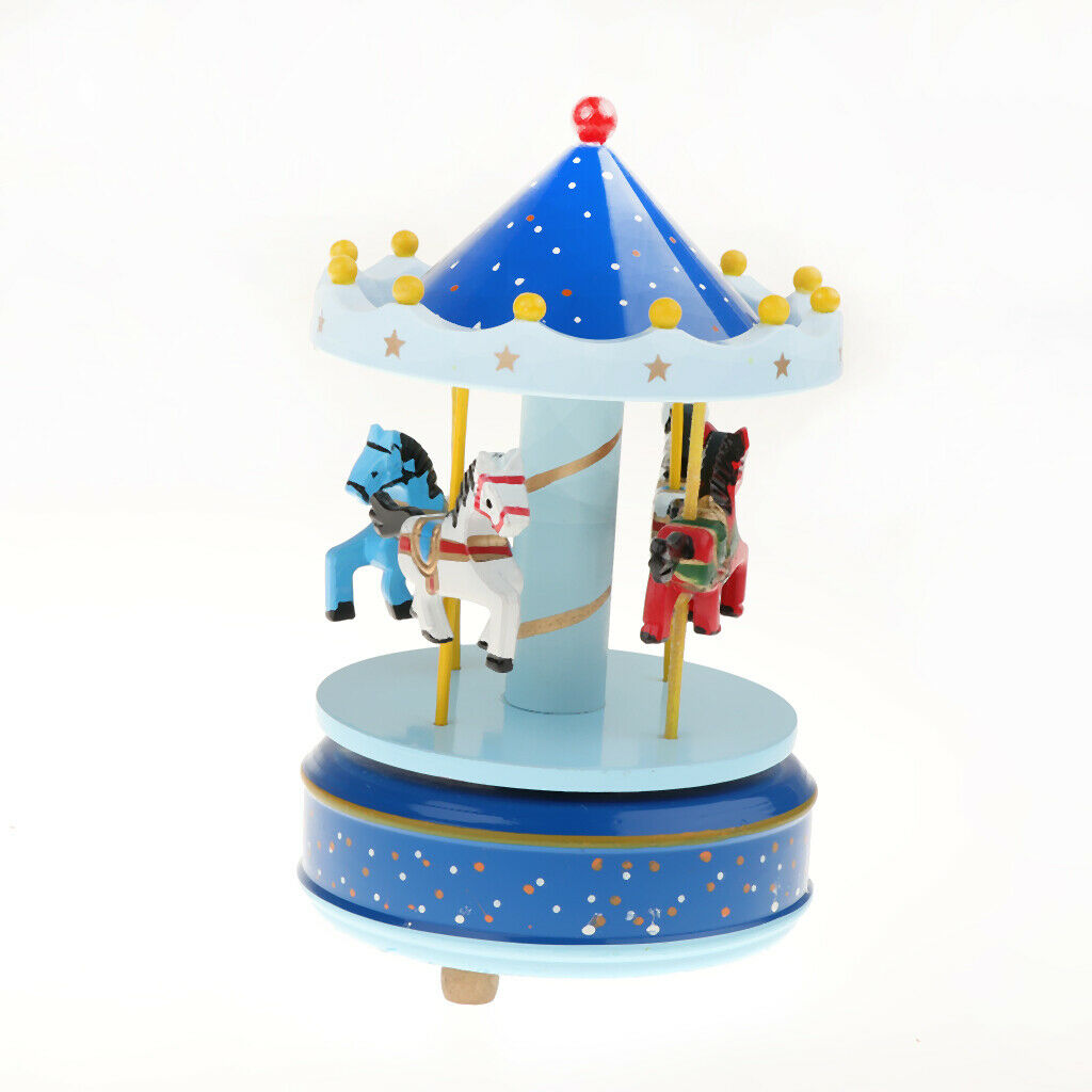 Wooden Merry-GO-Round Carousel Music Box  Wind Up Music Box  Blue with Dot
