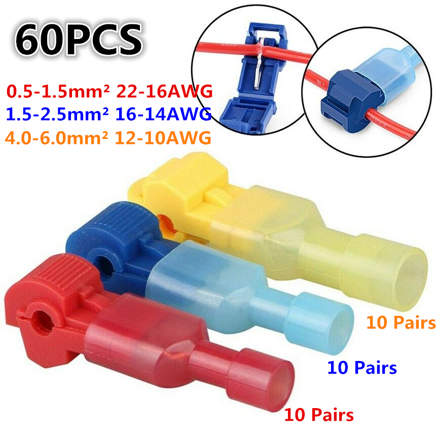 60PCS Insulated 22-10 AWG T-Taps Quick Splice Wire Terminal Connectors Combo Kit