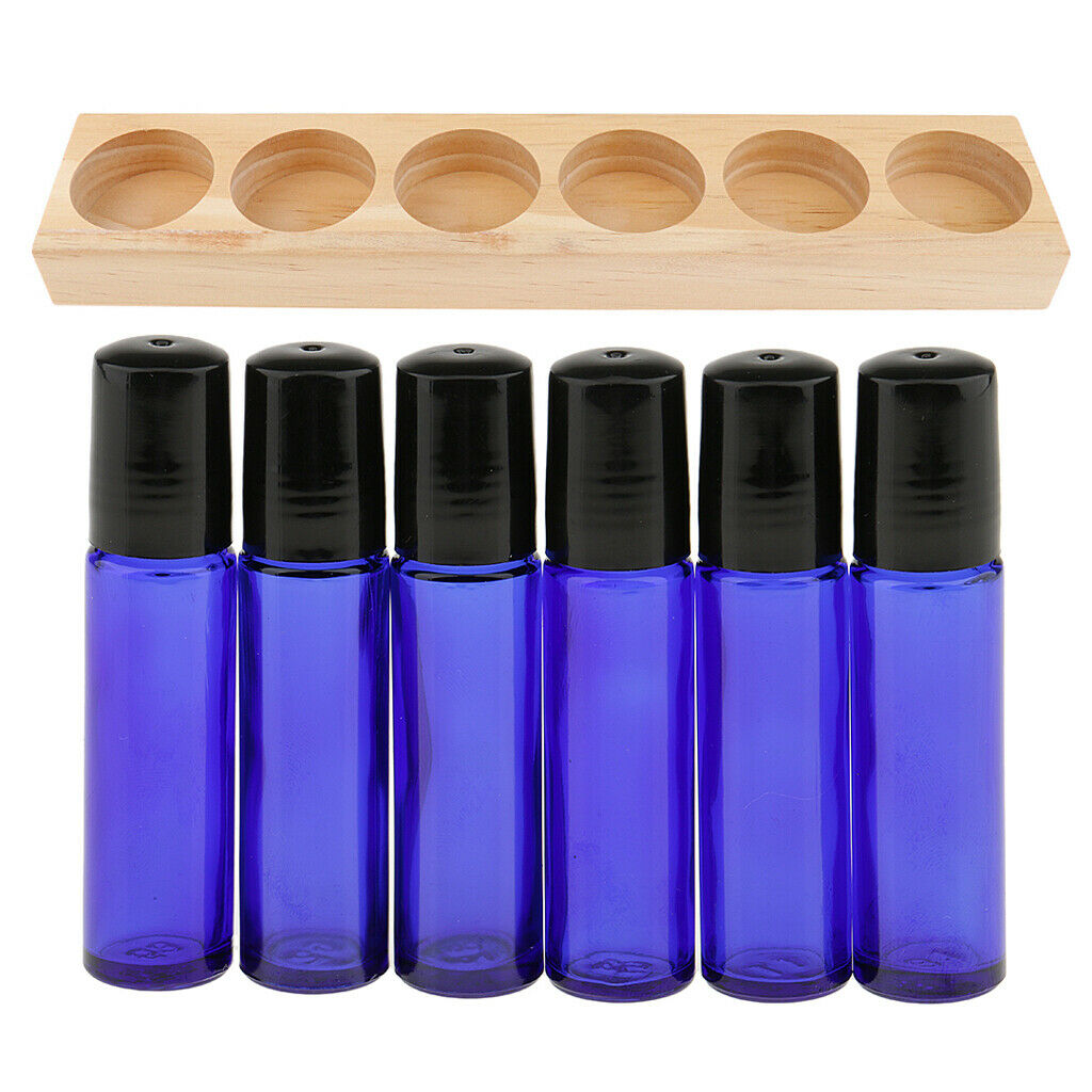 Wood Essential Oils Box Display Case Holder Stand  +6 Roll On Glass Bottles